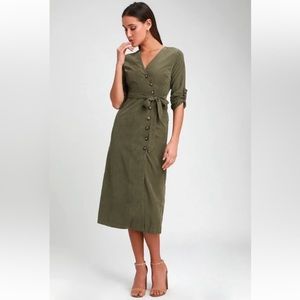Lulus Olive Green Suede button up dress